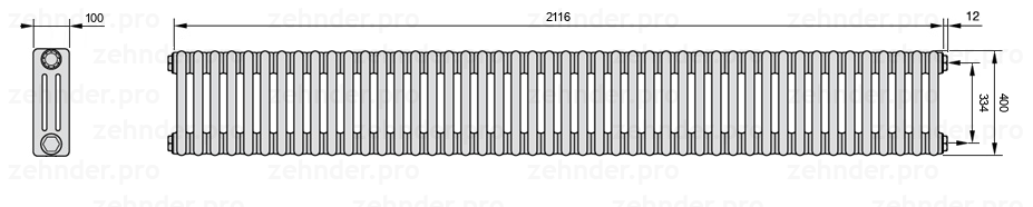 Схема (чертеж) Радиатор Zehnder Charleston 3040/46 №7610 Белый глянцевый RAL 9016